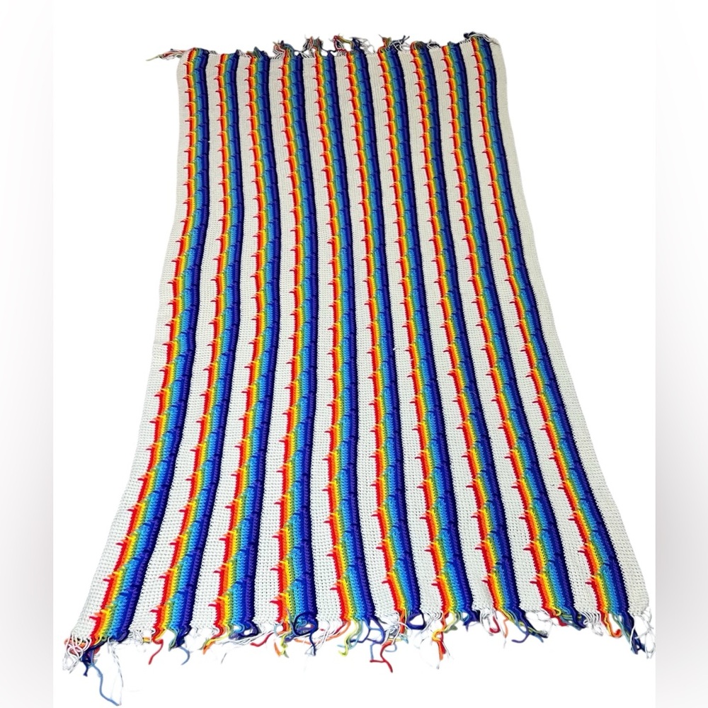 Handmade Crochet Afghan Blanket Rainbow Striped Pattern 84" x 47" Colorful Throw